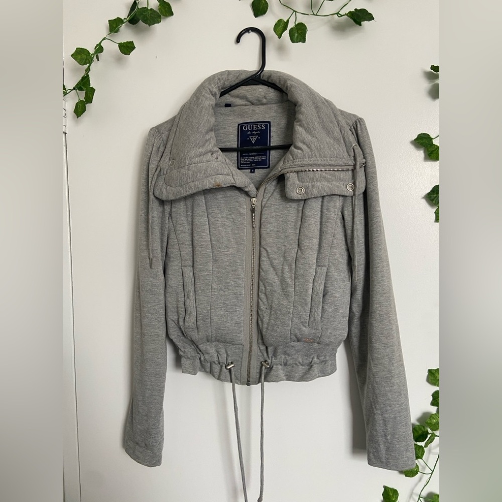 GUESS Los Angeles Grey Cropped Lounge Moto Zip-Up Jacket - Sz S, Y2K Streetwear
